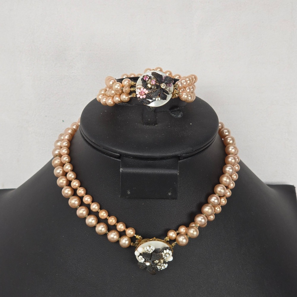 RARE Convertible Eugene Champagne Pink Faux Pearl Butterfly Necklace & Bracelet